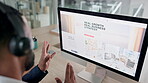 Businessman, call center and website in online advice, customer service or support on computer at office. Man, consultant or agent talking or explaining business growth, strategy or help at workplace