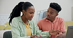 Couple, stress and document for home budget, finances and paying bills or mortgage online. Black man and woman with paperwork, technology and discussion about savings, insurance or debt payment