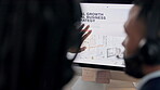 Call center, computer or people in training, coaching or speaking of sales team strategy in office. Learning, leadership or manager teaching or helping CRM virtual assistant with advice on screen