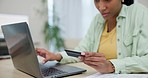 Black woman, hands and laptop, credit card and online shopping, typing info and payment with fintech. E commerce, customer at home and store discount, finance with internet banking and investment