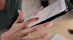 Website, tablet and hands of business person scroll in office for research, internet and online blog. Data, touchscreen and closeup of worker on digital tech for information, reading news and network