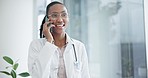 Phone call, doctor and woman laugh in hospital for conversation, consulting or telehealth contact. Happy african surgeon talk on cellphone in medical clinic for funny communication, support or advice