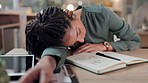 Business woman, tired and sleeping on desk in burnout, overworked or resting at the office. Exhausted female person taking a nap or asleep in fatigue, stress or break on table at the workplace
