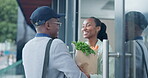 Black woman, paper bag and groceries, delivery man and happy, e commerce with courier person and shipping. Distribution, front door service and food shopping online, retail and supermarket discount 