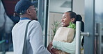 Black woman, bag and groceries, delivery man and e commerce, happy with courier person and shipping. Distribution, front door service and food shopping online, retail and supermarket discount 