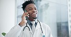 Doctor, phone call and happy man in hospital for communication, expert consulting or telehealth contact. African surgeon talk on cellphone in medical clinic for consultation, mobile support or advice