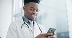 Man, smartphone and doctor typing in hospital for online contact, reading healthcare notification or telehealth info. Happy medical worker, african surgeon and research mobile app for digital network