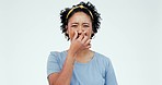 Woman face, bad smell and nose pinch in studio for stink, odor or fragrance on white background space. Gross, portrait and female model with emoji reaction to gas, perfume or hygiene, bo or problem