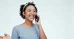 Phone call, funny and talking with face of woman in studio for communication, network or contact. Technology, connection and happy with person laughing on white background for mobile and conversation