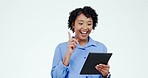 Tablet, thinking and business woman with inspiration and work idea in a studio. Happy, excited and white background with a African female person with a smile from motivation and creativity on tech