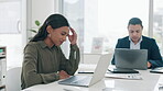 Working, headache and business woman with pain in office, workspace or Indian accounting employee with migraine. Tired, stress or accountant with burnout on audit or frustrated in corporate company