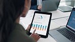 Hands, tablet and chart for analysis, financial review and planning with scroll, statistics and budget at insurance agency. Woman, digital touchscreen ui and fintech app for graph, big data and audit