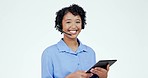 Tablet, call center and face of a woman in studio working on an online consultation with headset. Happy, smile and portrait of receptionist or telemarketing agent with technology by white background.