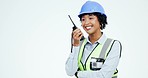 Construction, woman and walkie talkie in studio with face of engineering technician talking of project management. Portrait, architect and worker pointing with radio communication on white background