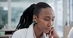 Confused, woman and working with stress and thinking of error, mistake or problem in science research and project in lab. African, scientist and reading with glasses and anxiety for report or crisis