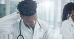 Black man, doctor and neck pain, stress and injury with fibromyalgia, overworked and burnout at hospital. Fail, mistake and medical worker with health crisis, massage muscle with tension and fatigue