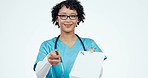 Doctor, woman face and documents in studio for signature, offer or payment on white background. Portrait, smile and nurse with healthcare, compliance or insurance, paper or form for hospital policy