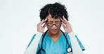 Headache, doctor and stress of woman in studio with burnout, eye strain and pain of medical mistake. Frustrated, tired and sick healthcare nurse with glasses, fatigue and migraine on white background