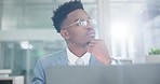 Business man, computer and thinking of stock market research, trading solution and choice or decision. Professional african person or trader in glasses or vision for financial planning on laptop