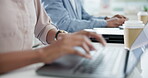 Rush, laptop and a business black woman typing with stress while worried about a project deadline in the office. Computer, fast and late with a young employee working on a policy for compliance