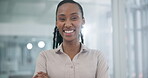 Happy, African woman and portrait with arms crossed in office with writer, author and confident employee in Nigeria workplace. Press, business and happiness of reporter working in content creation