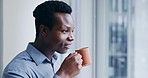 Black man, coffee and thinking with smile and future, business ideas and peace at office. Happy, profile and latte drink with corporate employee, memory and mission with mockup space and inspiration