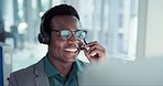 Telemarketing, smile on face and black man in conversation, consulting and advice at help desk. Phone call, discussion and happy callcenter consultant with headset, online search and talk in office.