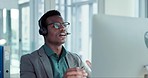 Help desk, smile and black man at computer, consulting and advice at telemarketing callcenter. Phone call, conversation and happy callcenter consultant with headset, online search and talk in office.