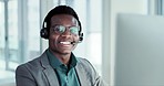 Customer service, smile and portrait of black man at computer, consulting and advice at help desk. Phone call, telemarketing and happy face of callcenter consultant with headset, glasses and office.