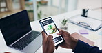 Hands, phone screen and scroll, food menu online with online shopping and delivery service, worker with choice in office. Decision, ecommerce and person on app, restaurant website and UI with catalog