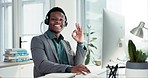 Call center, customer support and happy black man with okay sign for agreement, yes and success. Communication, telemarketing and portrait of consultant with hand gesture for crm business in office