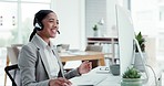 Customer service, smile and woman at computer, consulting and advice at help desk for telemarketing. Phone call, conversation and happy callcenter consultant with headset, info and talk in office.