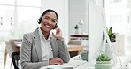 Customer service, advice and happy woman at computer, consulting and attention at help desk. Phone call, conversation and smile, callcenter consultant with headset, discussion and talk in office.