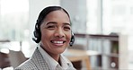 Customer service, smile on face and woman in telemarketing, consulting and advice at help desk. Phone call, conversation and happy callcenter consultant with headset, portrait and sales in office.