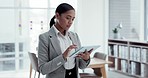 Tablet, research and businesswoman in the office on the internet scroll on a blog or website. Digital technology, browsing and professional female person working on a website project in the workplace