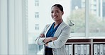 Crossed arms, happy and face of businesswoman in office with confidence, smile and career. Pride, professional and portrait of young female lawyer from Mexico with positive attitude in the workplace.