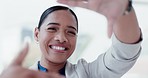 Hands, picture frame and face of a young businesswoman in the office for a profile picture. Perspective, smile and portrait of a happy professional female lawyer with a finger border in the workplace