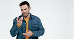 Happy, man and talking with phone in voice note in studio on white background for communication or online chat. Mobile, conversation and person speaking on smartphone for social networking or contact