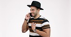 Man, phone call and casual talking in studio on white background with communication, network connection or chat. Mobile, conversation and happy person speaking on smartphone for networking or contact