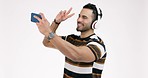 Man, selfie and smile in studio, peace sign and headphones with sound, icon and comic by white background. Gen z influencer guy, photography and memory with vote, headphones or post on social network