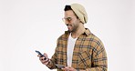 Happy man, phone and credit card in online shopping, payment or banking against a grey studio background. Male person or shopper with smartphone in fintech, bank transaction or ecommerce on mockup