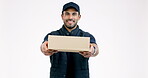 Happy man, box and delivery in logistics, supply chain or ecommerce against a grey studio background. Portrait of male person or courier guy with cardboard parcel, cargo or package in freight service