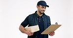 Happy man, box and clipboard in delivery checklist, information or address against a grey studio background. Male person or courier guy checking parcel, cargo or package in quality service on mockup