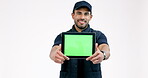 Happy man, delivery and tablet mockup screen in advertising supply chain against a grey studio background. Portrait of male person or courier guy show technology display or app with tracking markers
