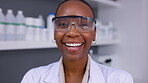 Face, woman and scientist smile with glasses in laboratory for safety, chemistry research and medical investigation. Portrait, african science expert and laughing with goggles, ppe and biotechnology