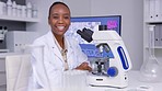 Medical, microscope and face with black woman, research and data analysis in a laboratory. Healthcare, portrait and scientist with results, lab equipment or expert with pathology test or check sample