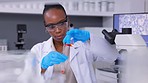 Medical, scientist and vials with black woman, research and chemistry experiment in a laboratory. Healthcare, liquid and scientist with data analysis and expert testing sample, study and bacteria