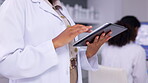 Woman, scientist and hands with tablet in research, results or online information at laboratory. Closeup of female person, medical or healthcare professional in science discovery on technology at lab