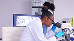 Scientist, black woman and microscope, analysis of data and medical research, investigation and knowledge. Doctor, scientific experiment and future with technology, pathology and science study in lab