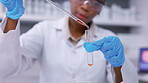 Hands of woman, test tube and scientist with pipette for research, investigation and chemical liquid. Closeup, science expert and dropper for chemistry, medicine and vaccine development in laboratory